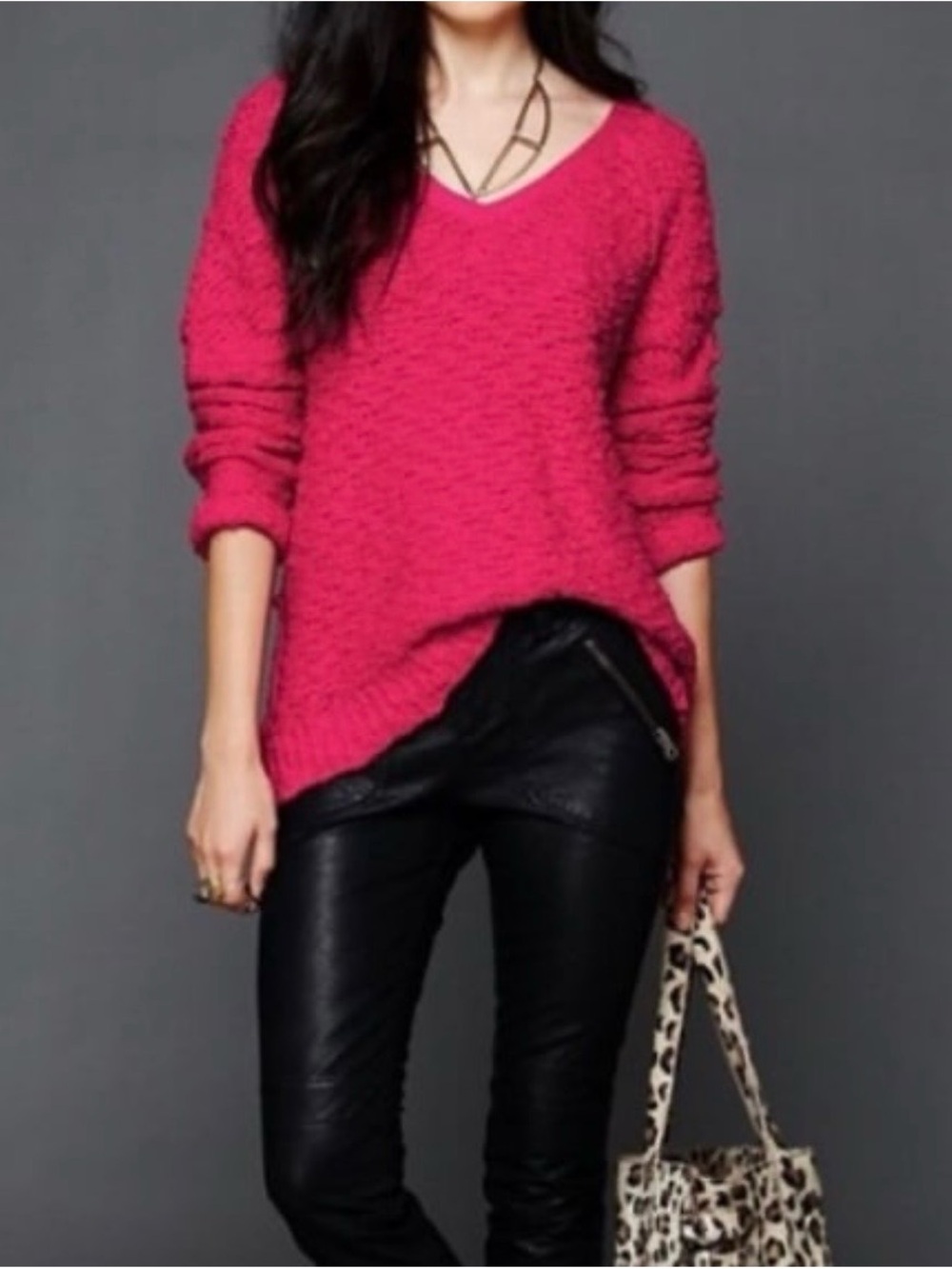 Free People Bear Songbird Bright Fuchsia Pink Oversized Pullover Sweater XS